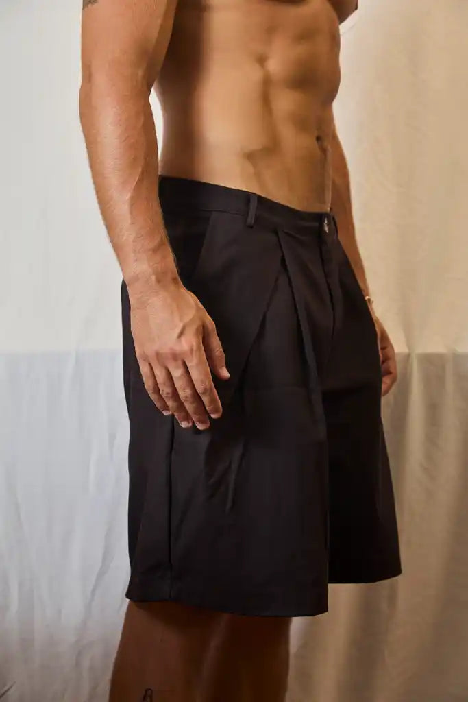 SHORT PLEATED PANTS-DARK BROWN